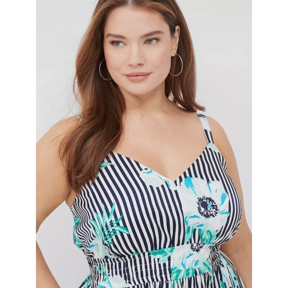 LANE BRYANT NAVY FLORAL STRIPE SZ 20 V-NECK RUCHED WAIST MAXI DRESS Floral - Picture 3 of 16